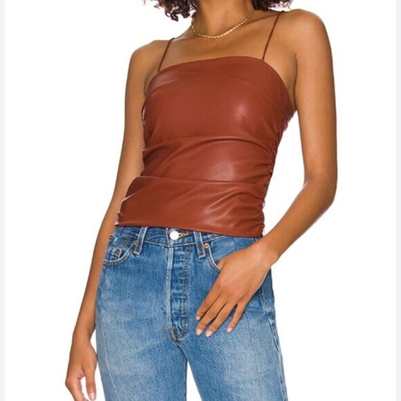 Superdown Stevie Ruched Faux Leather Brown Top XS - Picture 1 of 5